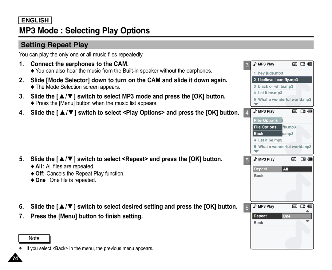 Samsung X110(L) MP3 Mode Selecting Play Options, Setting Repeat Play, Press the Menu button when the music list appears 