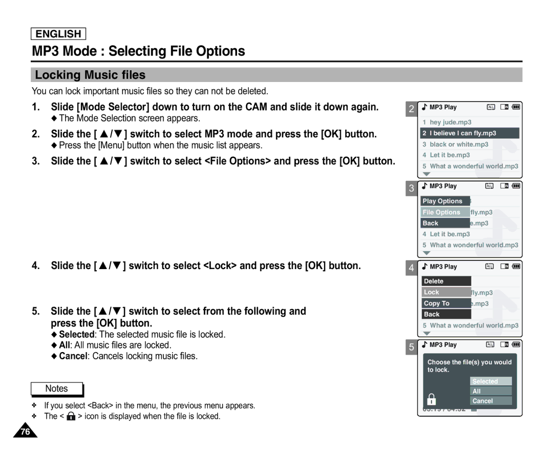 Samsung X110(L), SC-X105(L) manual Locking Music files 