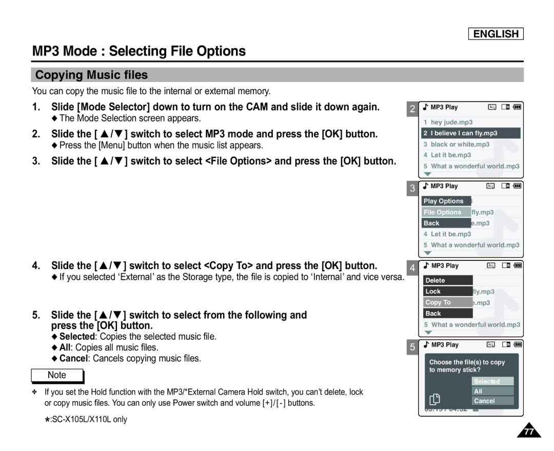 Samsung SC-X105(L), X110(L) manual Copying Music files, Slide the / switch to select Copy To and press the OK button 