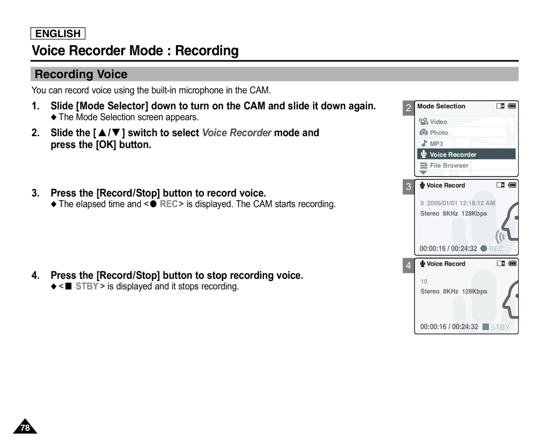 Samsung X110(L) manual Voice Recorder Mode Recording, Recording Voice, Press the Record/Stop button to stop recording voice 