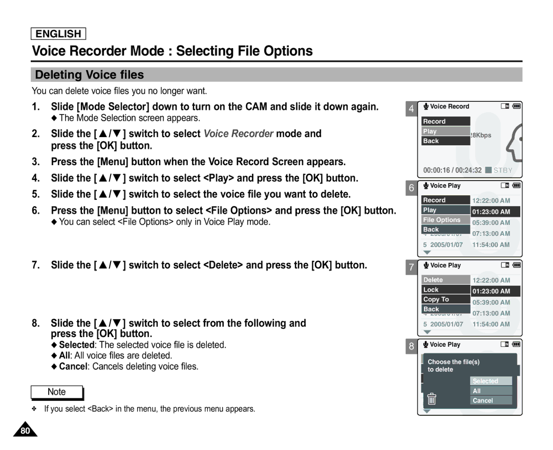 Samsung X110(L), SC-X105(L) manual Voice Recorder Mode Selecting File Options, Deleting Voice files 