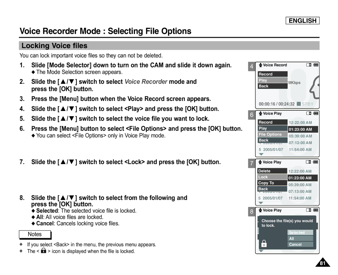 Samsung SC-X105(L) manual Locking Voice files, Selected The selected voice file is locked, All All voice files are locked 