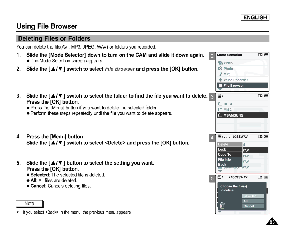 Samsung SC-X105(L), X110(L) manual Using File Browser, Deleting Files or Folders 