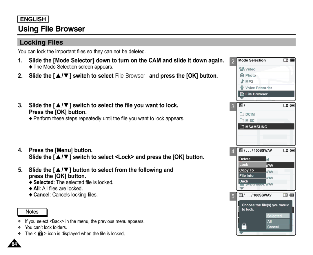 Samsung X110(L), SC-X105(L) manual Locking Files, Press the Menu button, Slide the / button to select from the following 