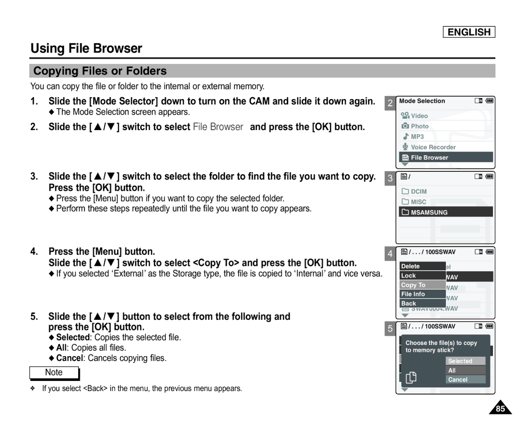 Samsung SC-X105(L), X110(L) manual Copying Files or Folders, Slide the / switch to select Copy To and press the OK button 