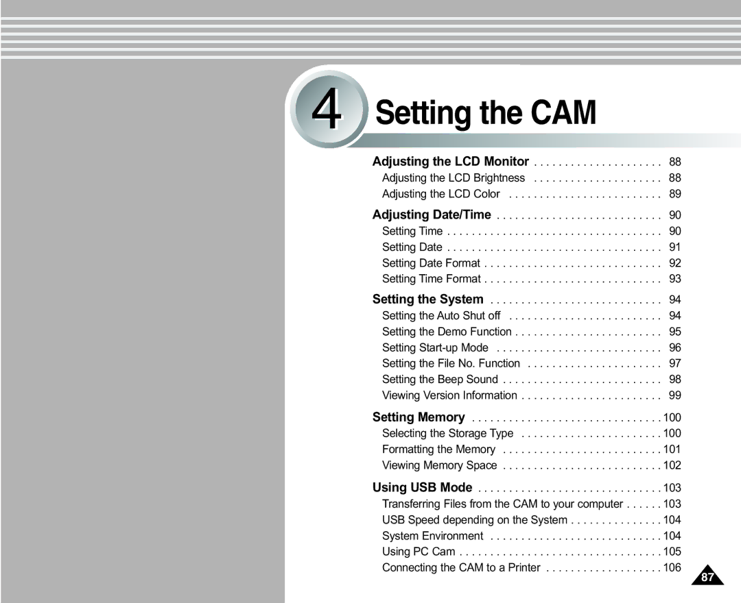 Samsung SC-X105(L), X110(L) manual Setting the CAM 