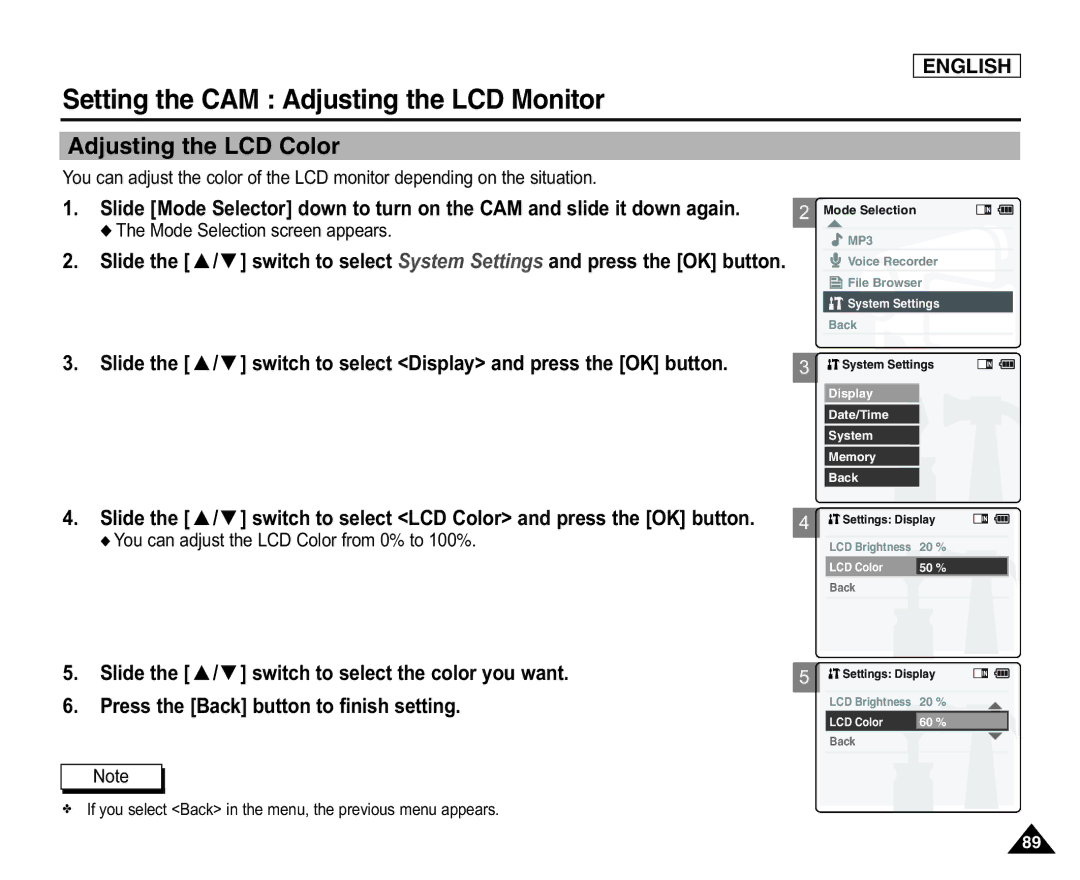 Samsung SC-X105(L), X110(L) manual Adjusting the LCD Color, You can adjust the LCD Color from 0% to 100% 