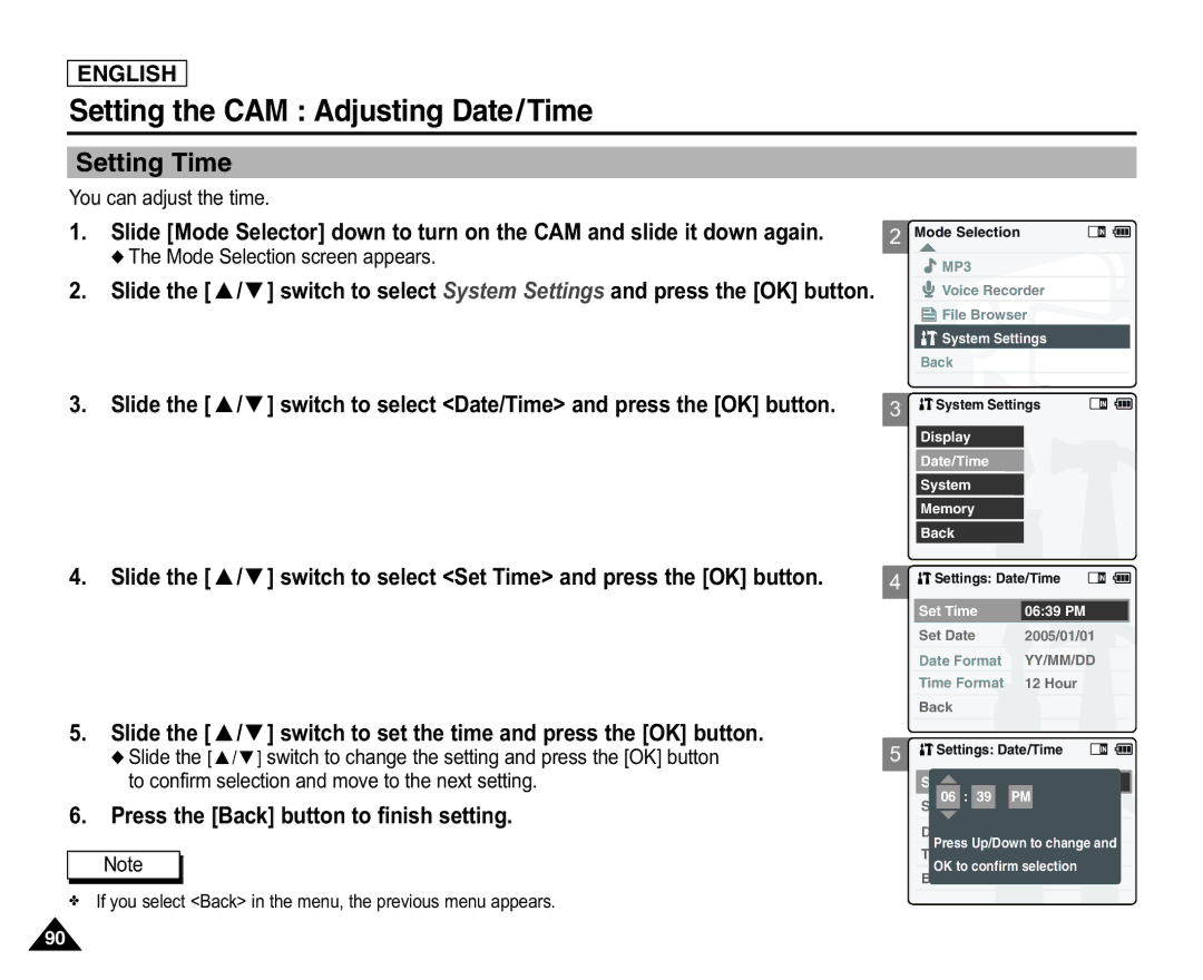 Samsung X110(L), SC-X105(L) manual Setting the CAM Adjusting Date/Time, Setting Time, You can adjust the time 