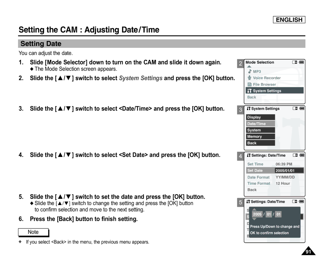 Samsung SC-X105(L) manual Setting Date, Slide the / switch to set the date and press the OK button, You can adjust the date 