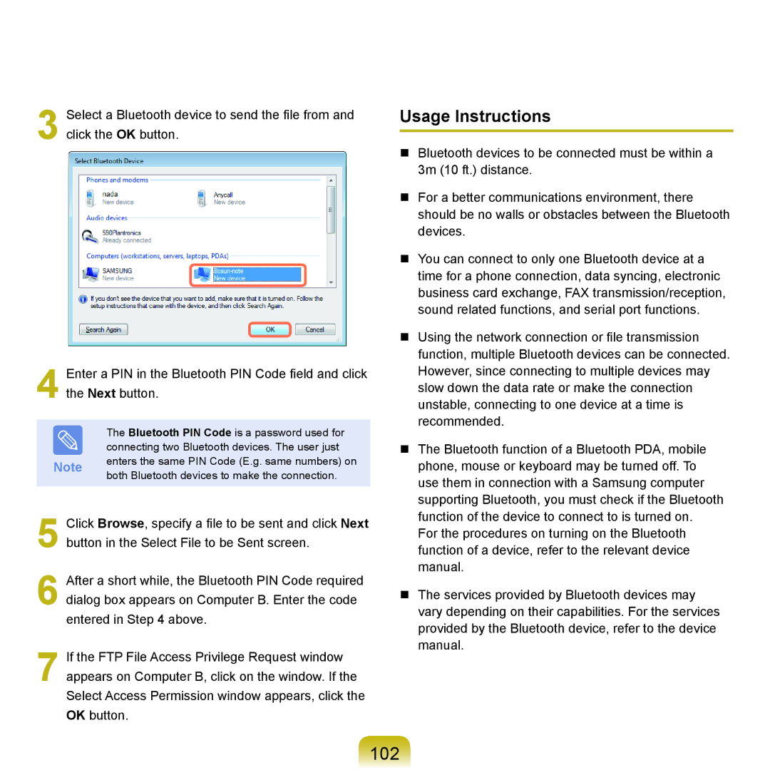 Samsung X22 manual 102, Usage Instructions 