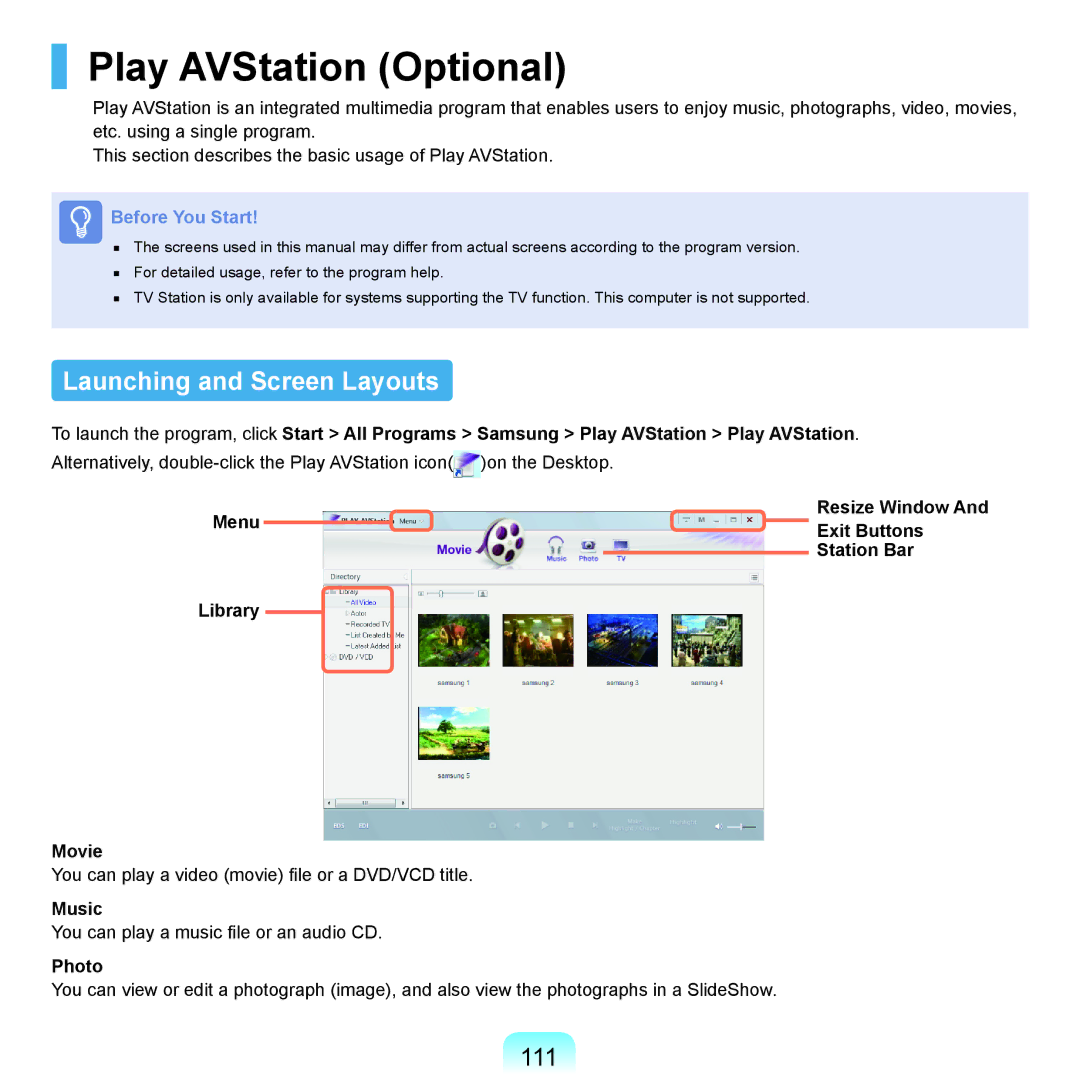 Samsung X22 manual Play AVStation Optional, Launching and Screen Layouts, 111 