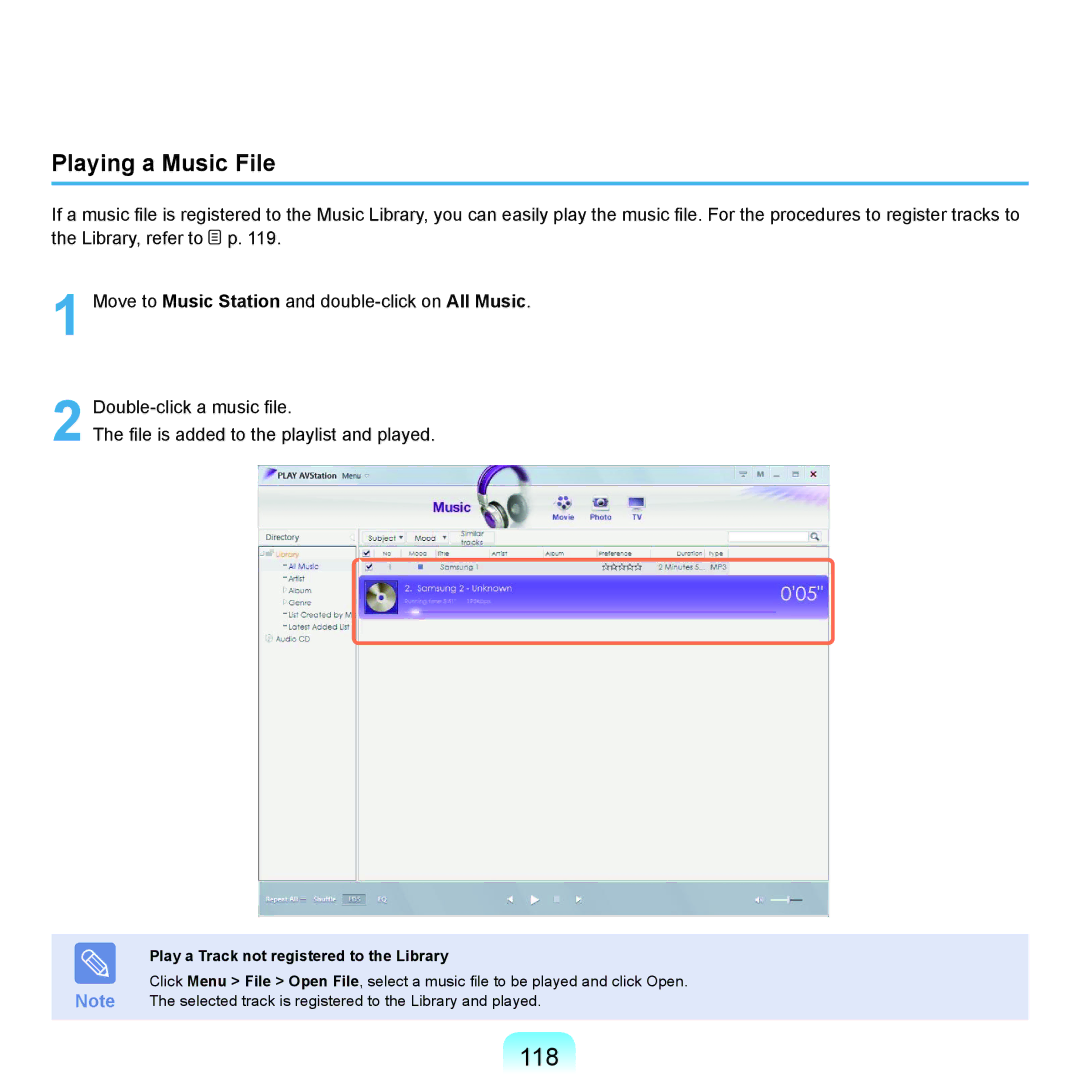 Samsung X22 manual 118, Playing a Music File, Play a Track not registered to the Library 