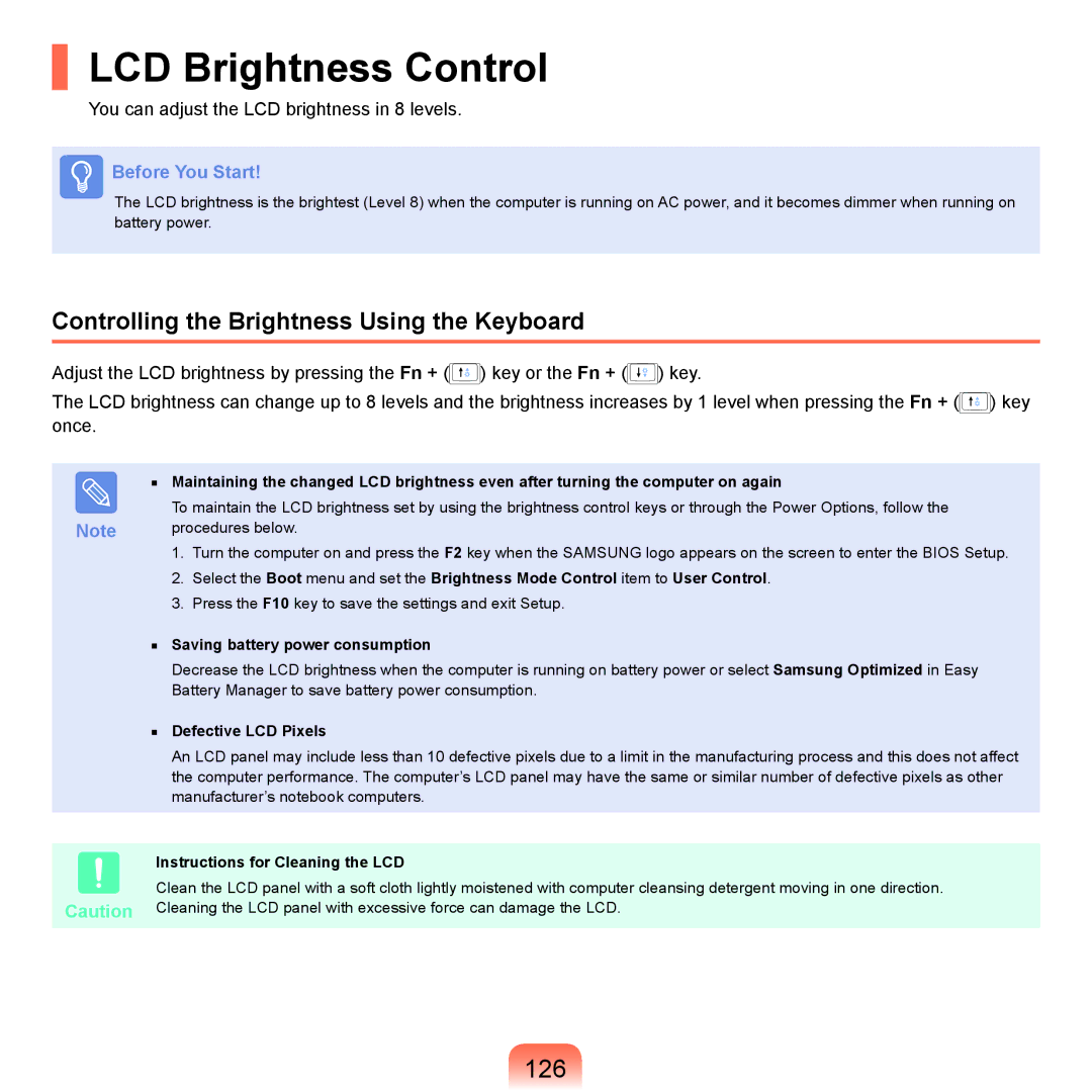 Samsung X22 manual LCD Brightness Control, 126, Controlling the Brightness Using the Keyboard 