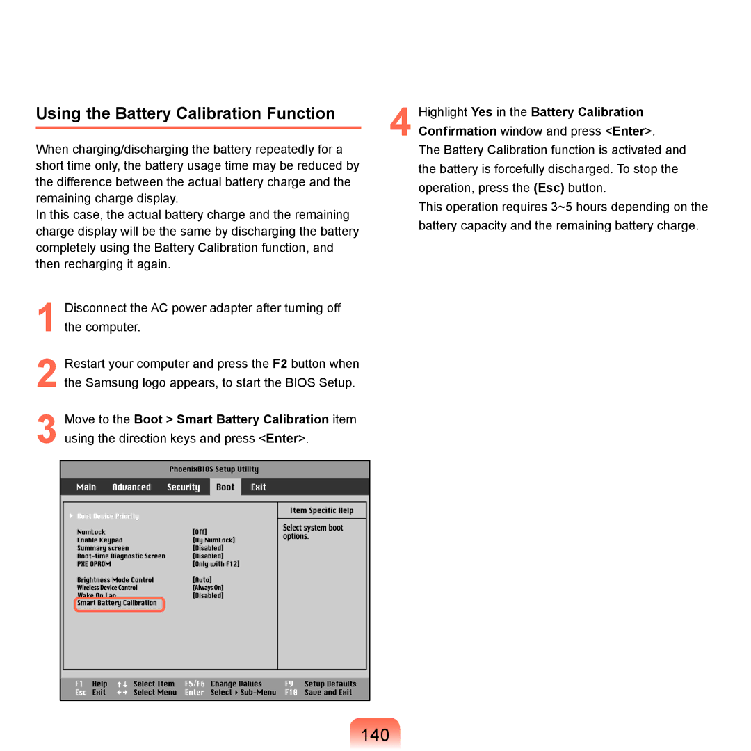 Samsung X22 manual 140, Using the Battery Calibration Function 