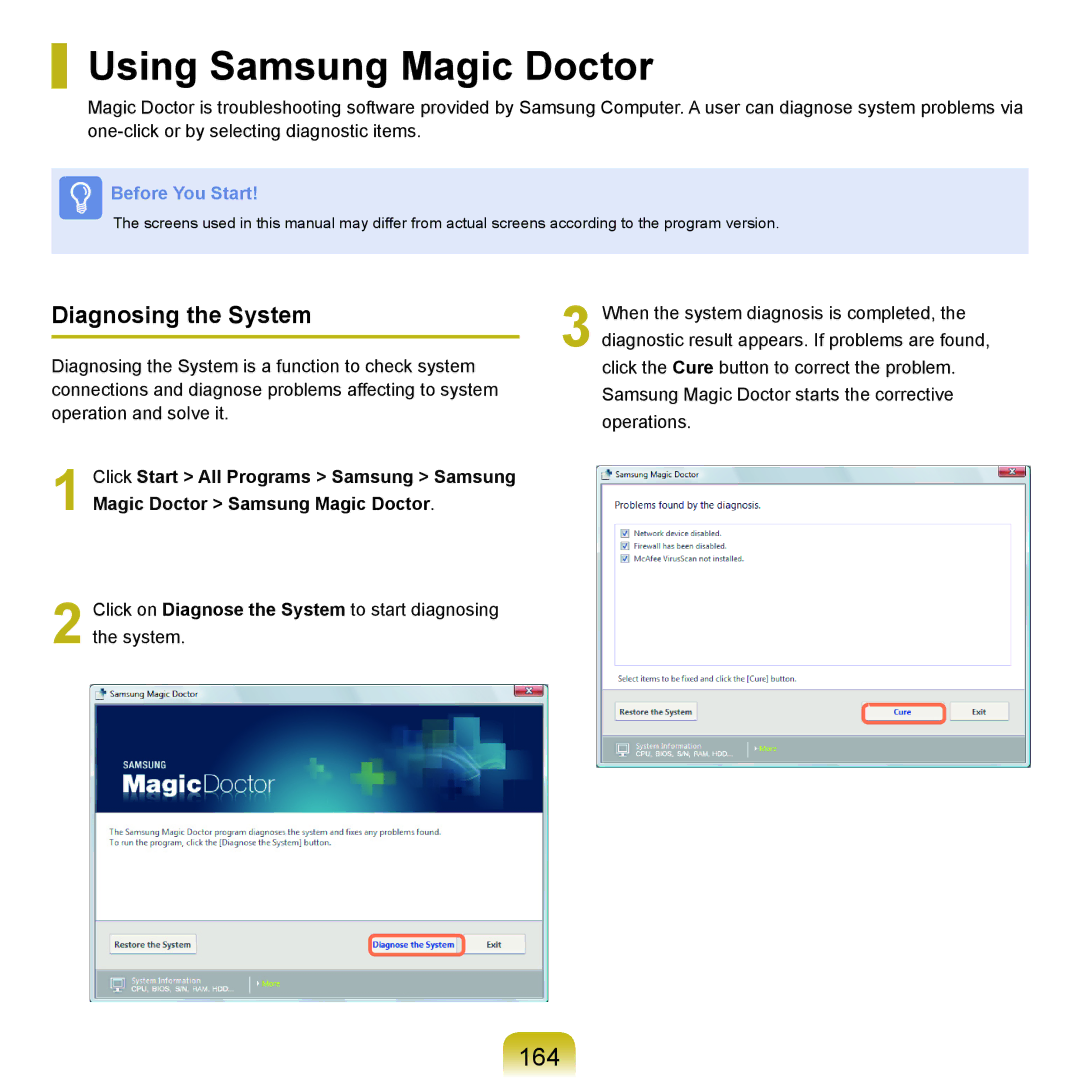 Samsung X22 manual Using Samsung Magic Doctor, 164, Diagnosing the System 