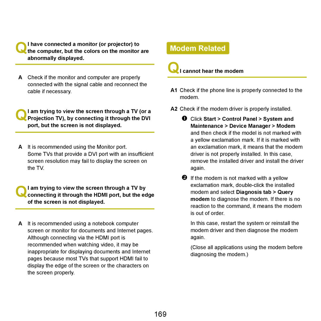 Samsung X22 manual Modem Related, 169, QI cannot hear the modem 