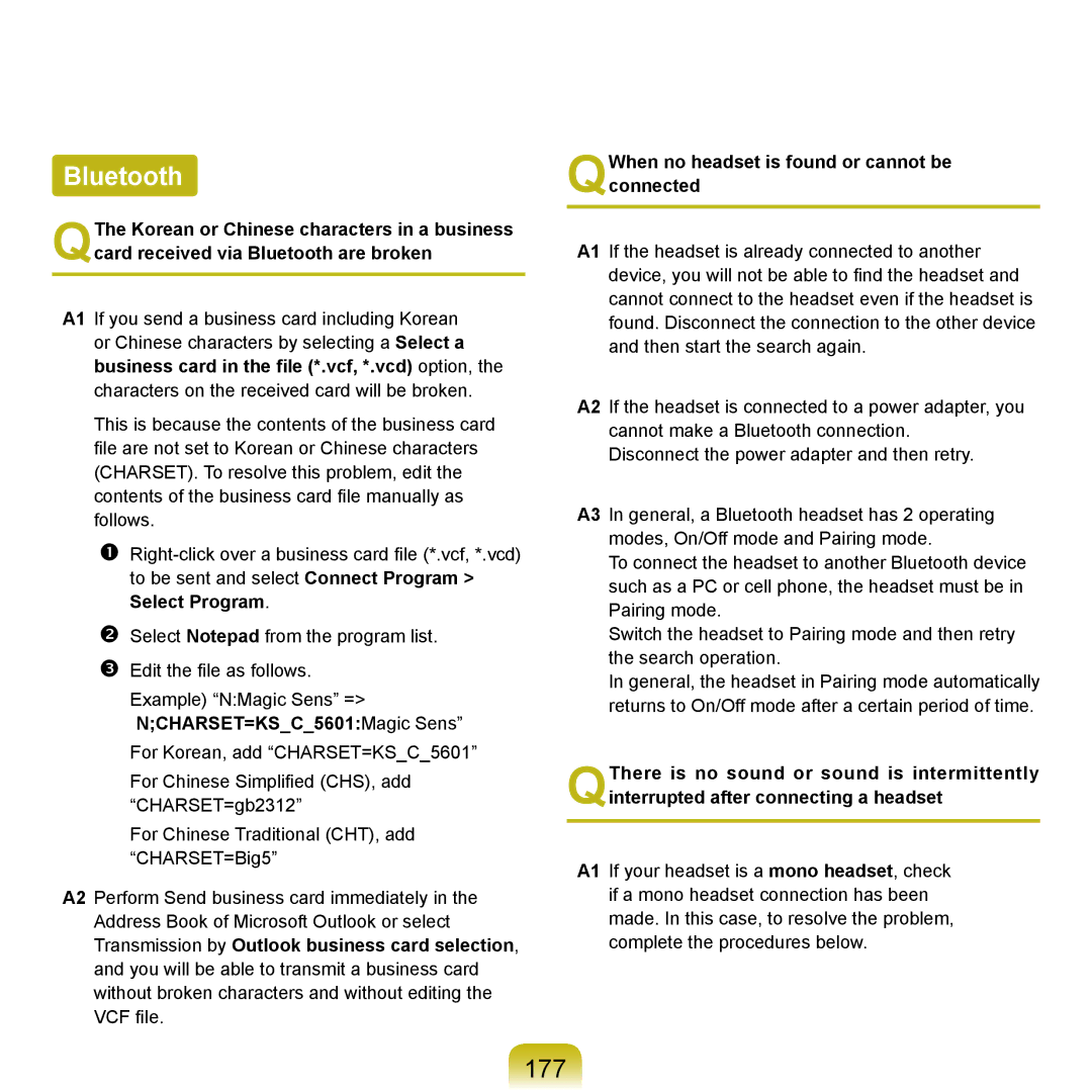 Samsung X22 manual Bluetooth, 177, NCHARSET=KSC5601Magic Sens For Korean, add CHARSET=KSC5601 