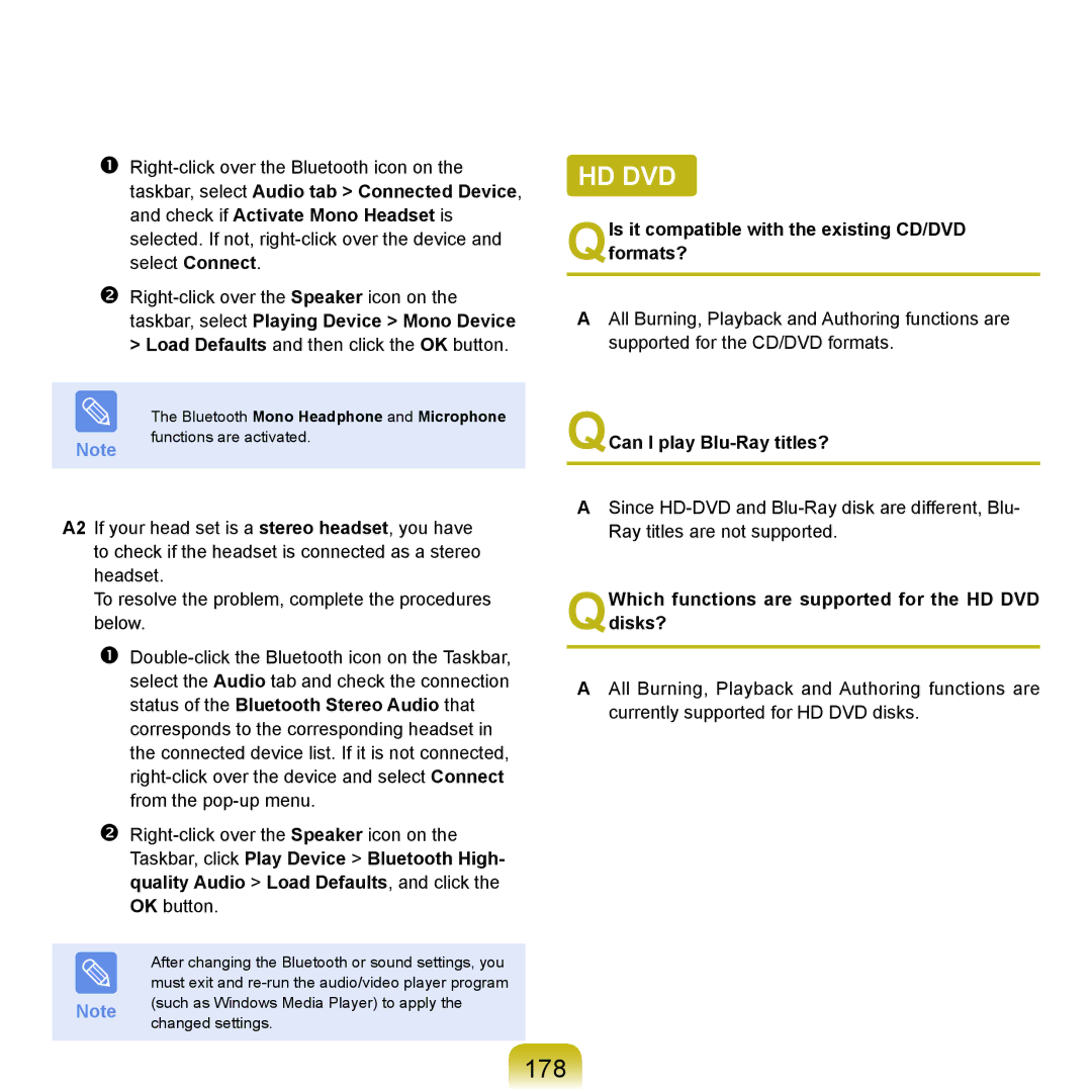 Samsung X22 manual 178, QIs it compatible with the existing CD/DVD formats?, QCan I play Blu-Ray titles? 