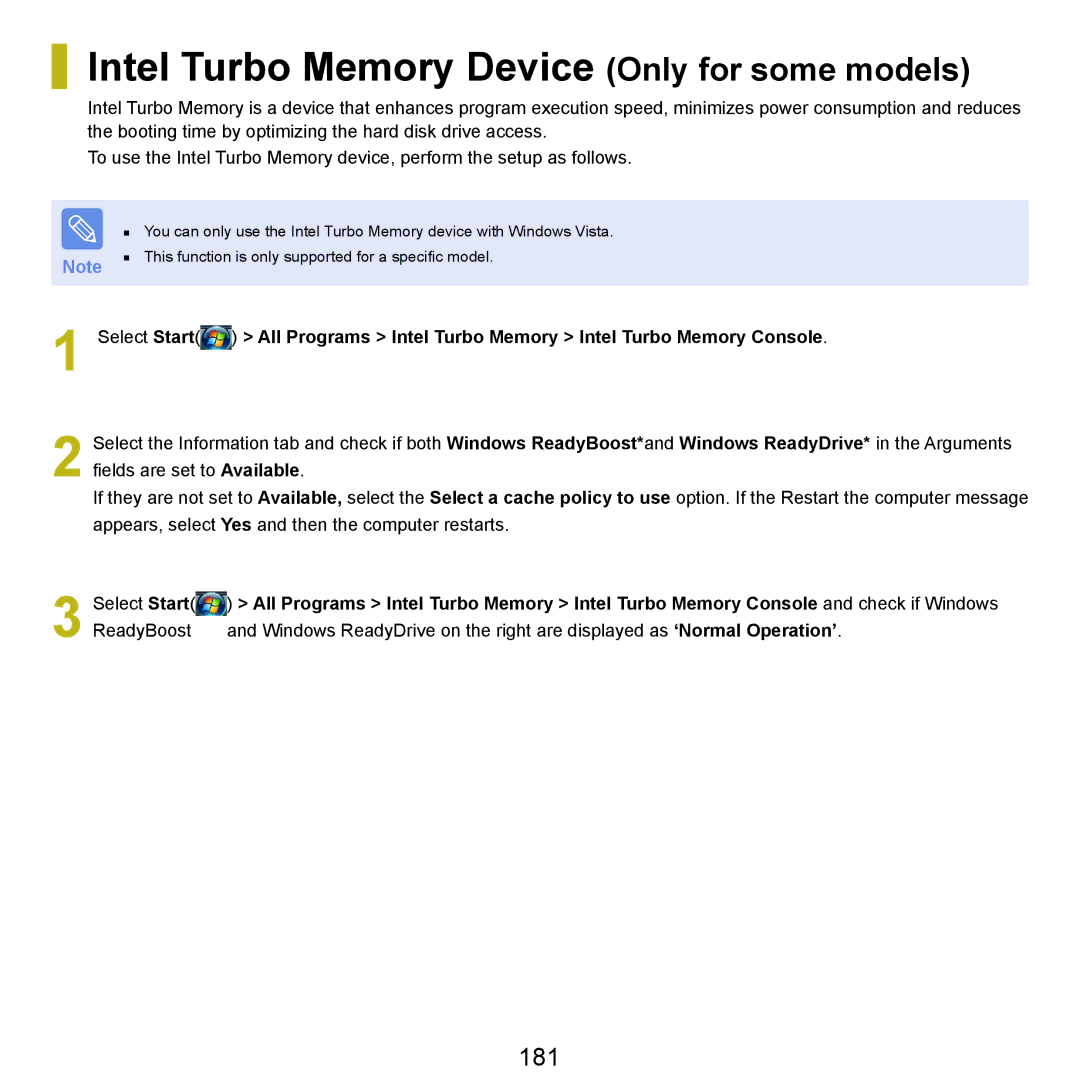 Samsung X22 manual Intel Turbo Memory Device Only for some models, 181 