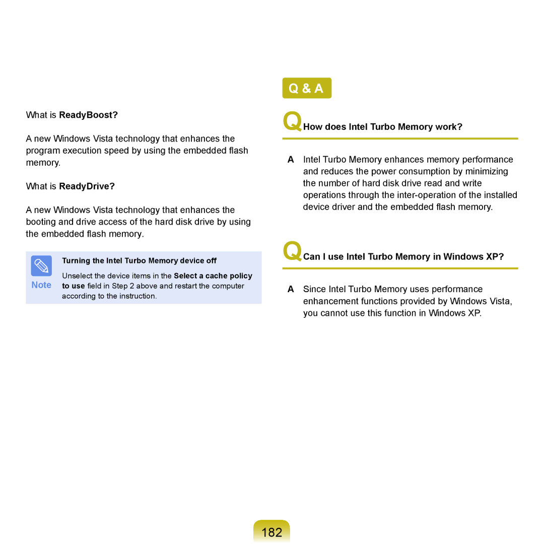 Samsung X22 manual 182, What is ReadyBoost?, What is ReadyDrive?, QHow does Intel Turbo Memory work? 