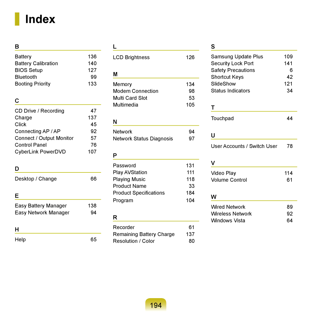 Samsung X22 manual Index, 194 