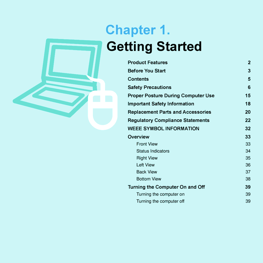 Samsung X22 manual Chapter, Turning the computer on Turning the computer off 