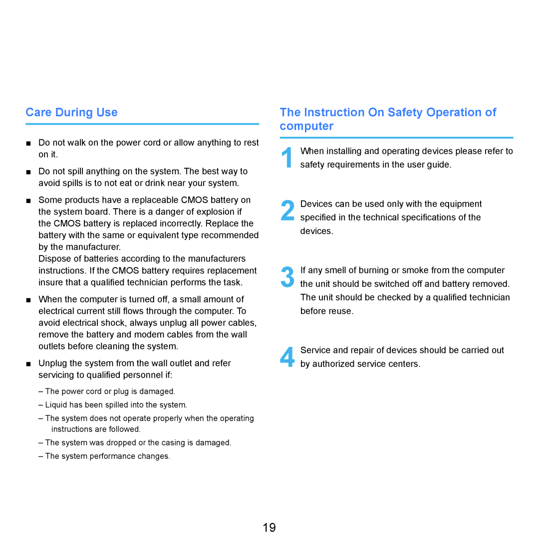 Samsung X22 manual Care During Use, Instruction On Safety Operation of computer 