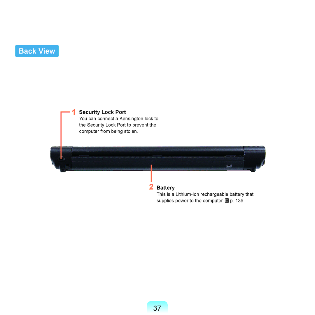 Samsung X22 manual Back View, Security Lock Port, Battery 