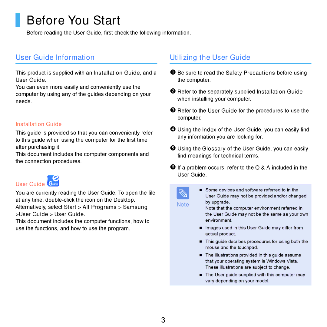 Samsung X22 manual Before You Start, User Guide Information, Utilizing the User Guide 