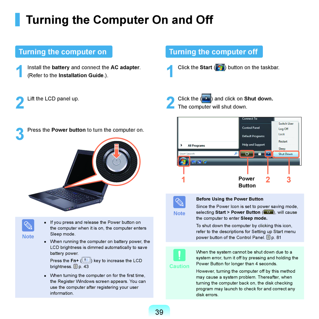 Samsung X22 manual Turning the Computer On and Off, Turning the computer on, Turning the computer off, Power 2 Button 