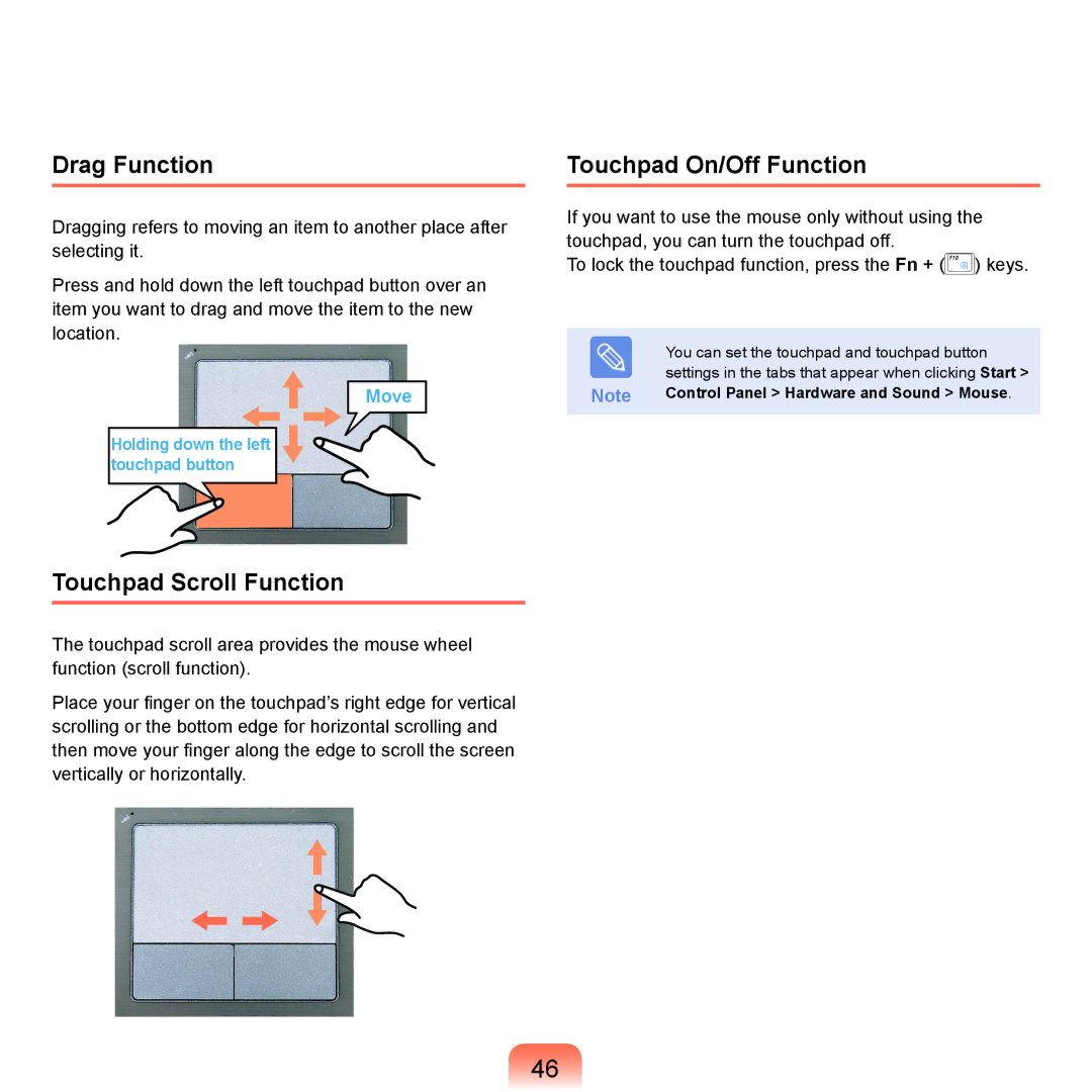 Samsung X22 Drag Function, Touchpad Scroll Function, Touchpad On/Off Function, Control Panel Hardware and Sound Mouse 