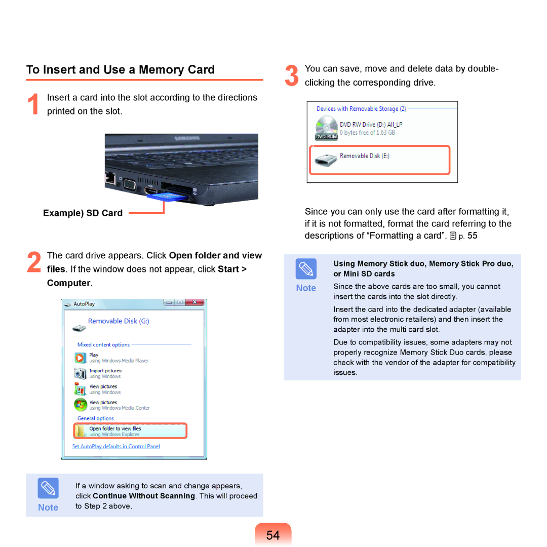 Samsung X22 manual To Insert and Use a Memory Card, Example SD Card, Or Mini SD cards 