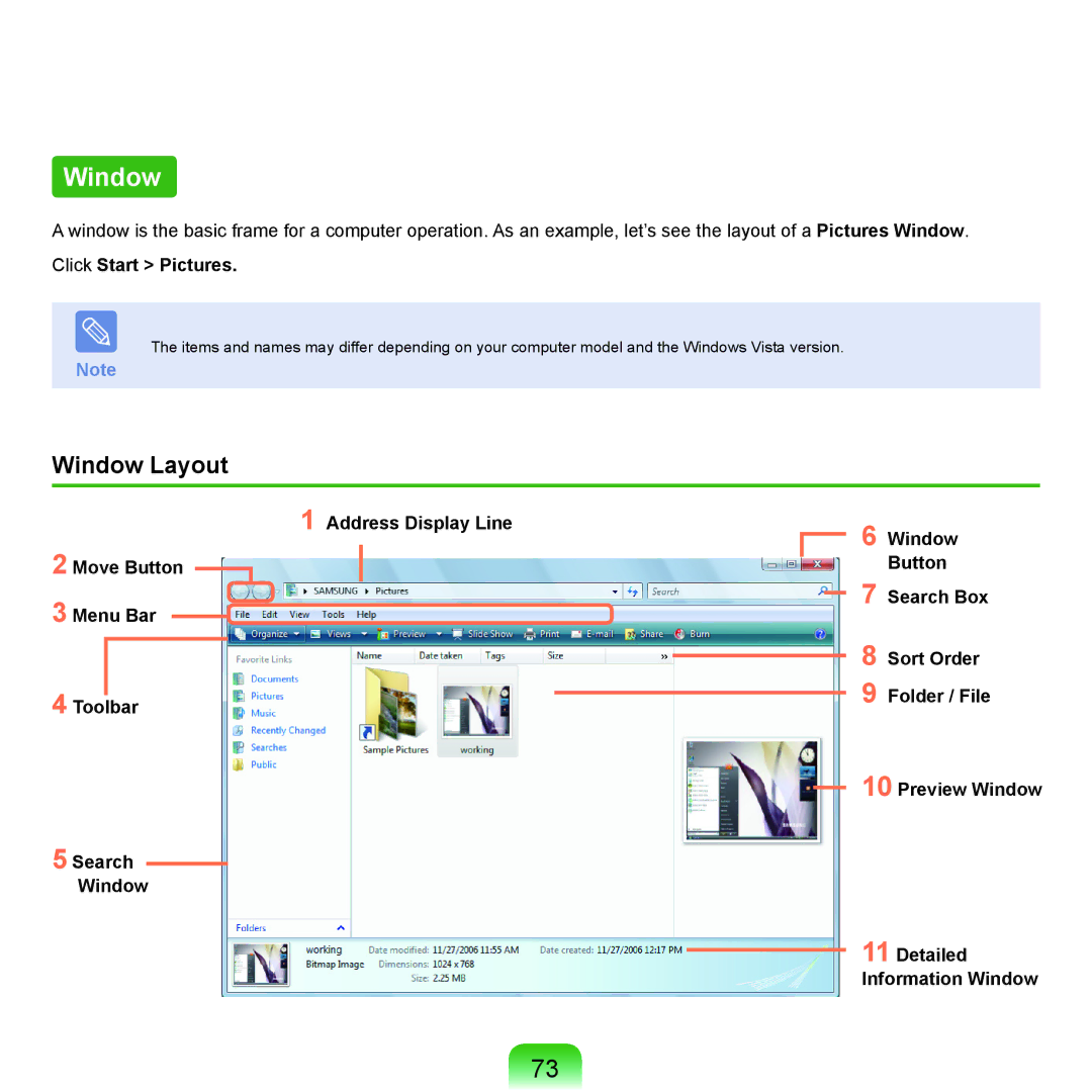 Samsung X22 manual Window Layout, Click Start Pictures, Toolbar Preview Window Search Detailed Information Window 