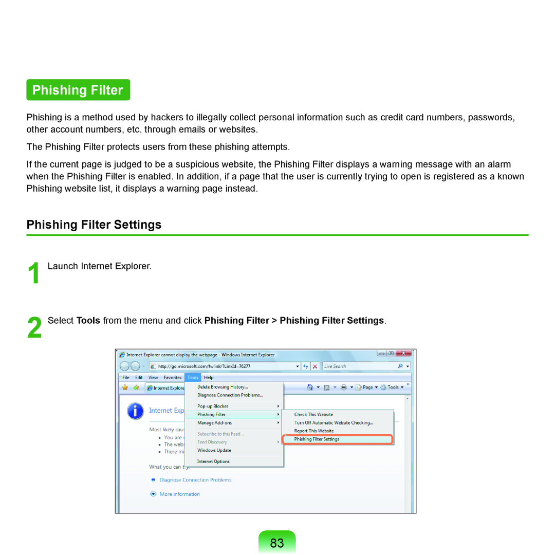 Samsung X22 manual Phishing Filter Settings 