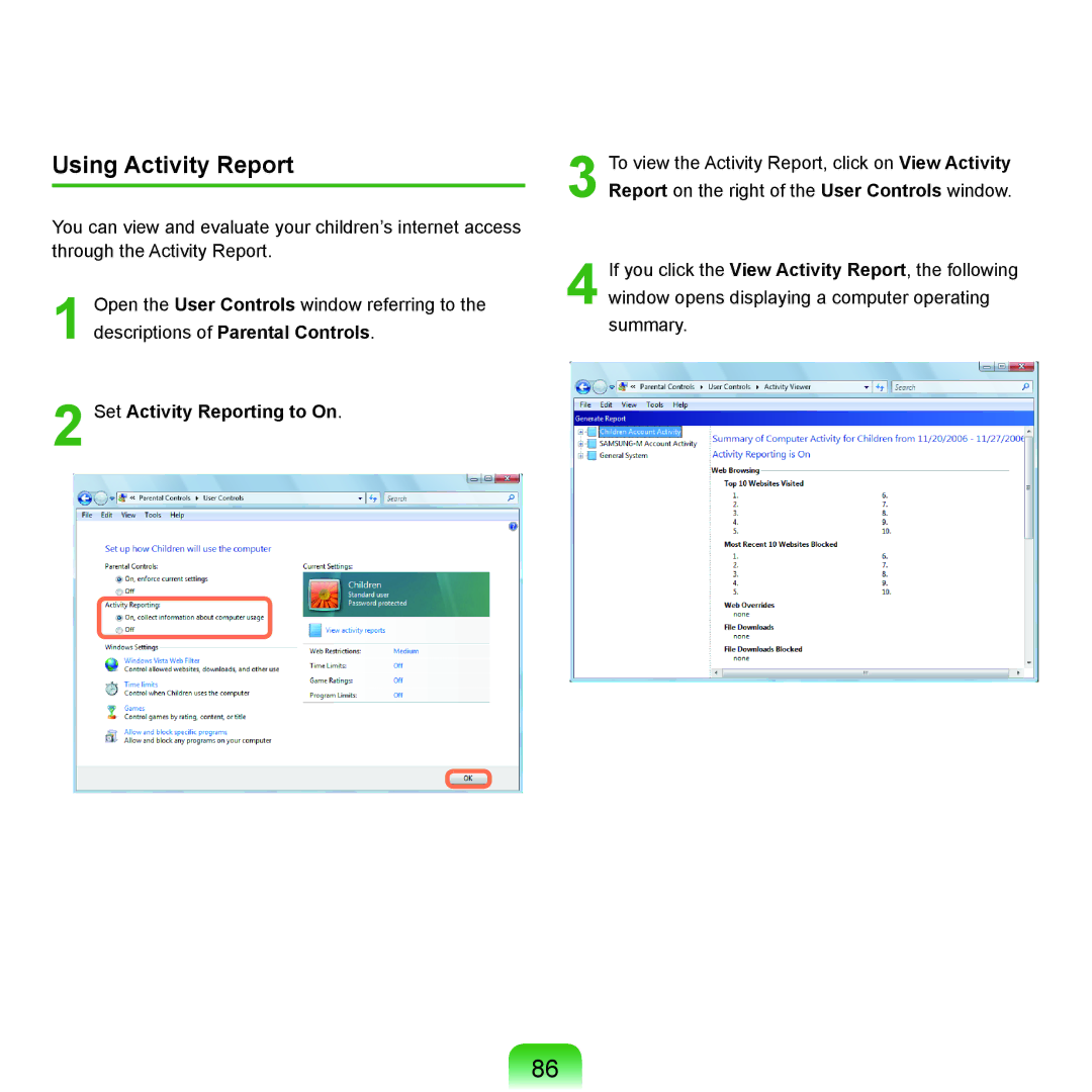 Samsung X22 manual Using Activity Report, Set Activity Reporting to On 