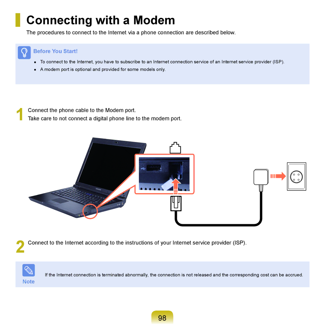 Samsung X22 manual Connecting with a Modem 