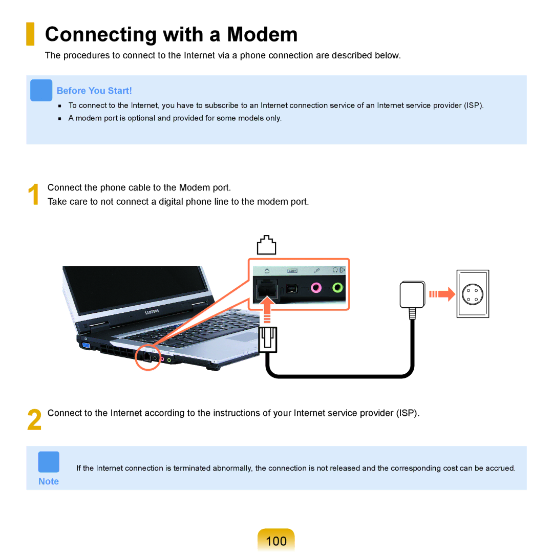 Samsung X65 manual Connecting with a Modem, 100 