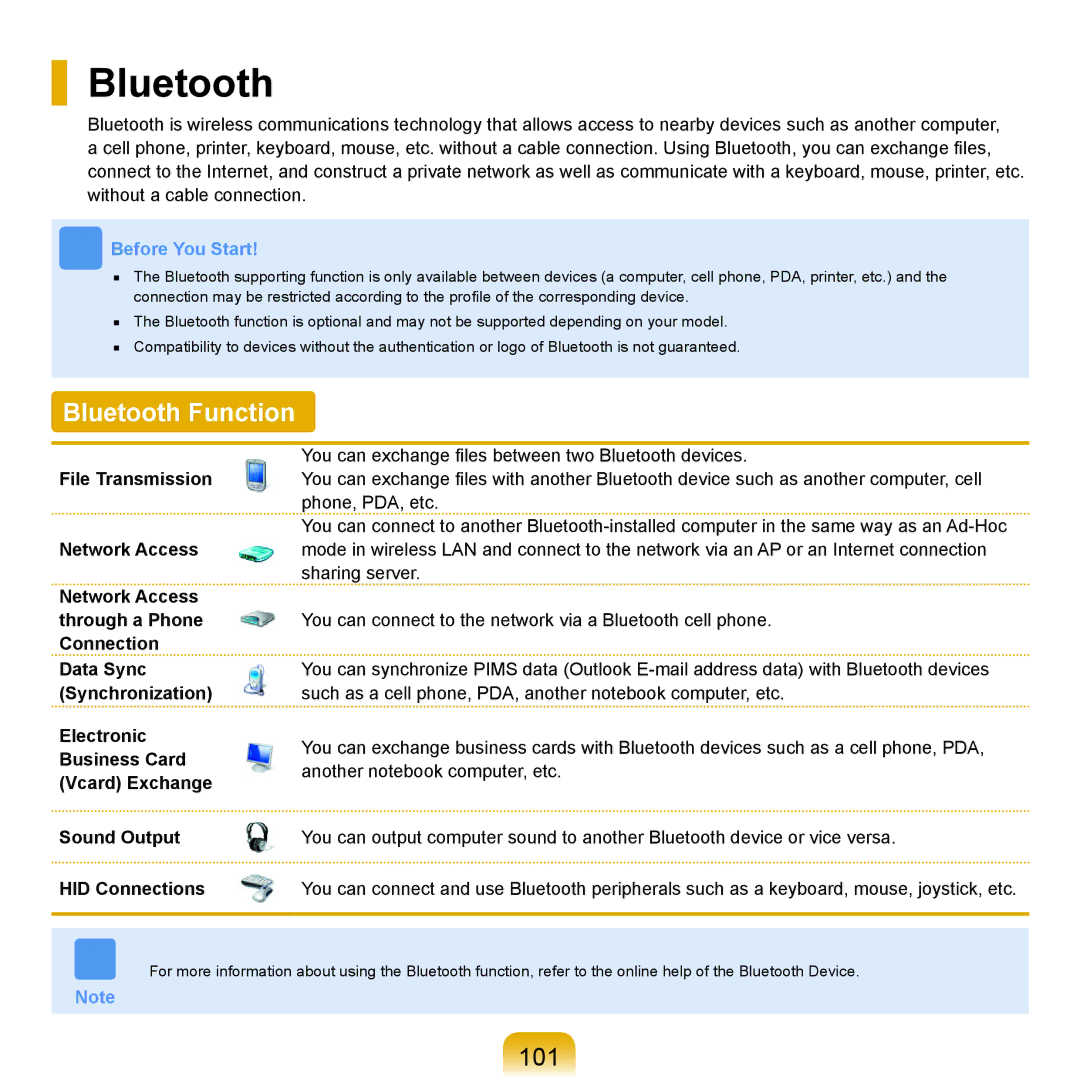 Samsung X65 manual Bluetooth Function, 101 