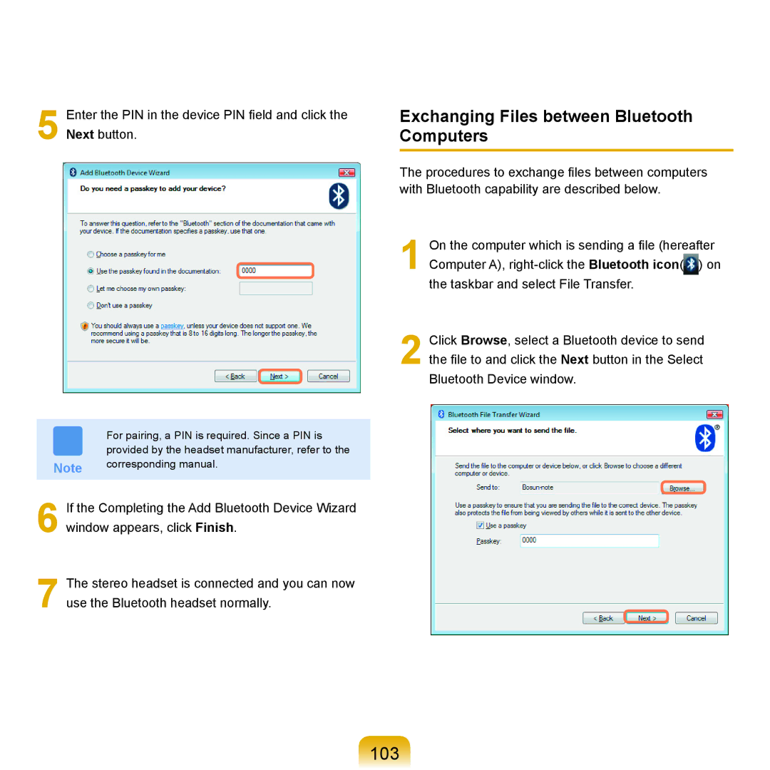 Samsung X65 manual 103, Exchanging Files between Bluetooth Computers 