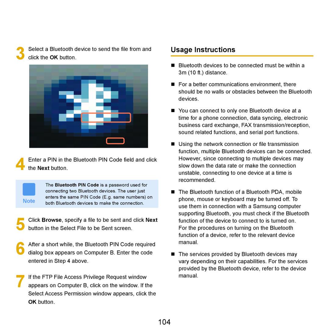 Samsung X65 manual 104, Usage Instructions 