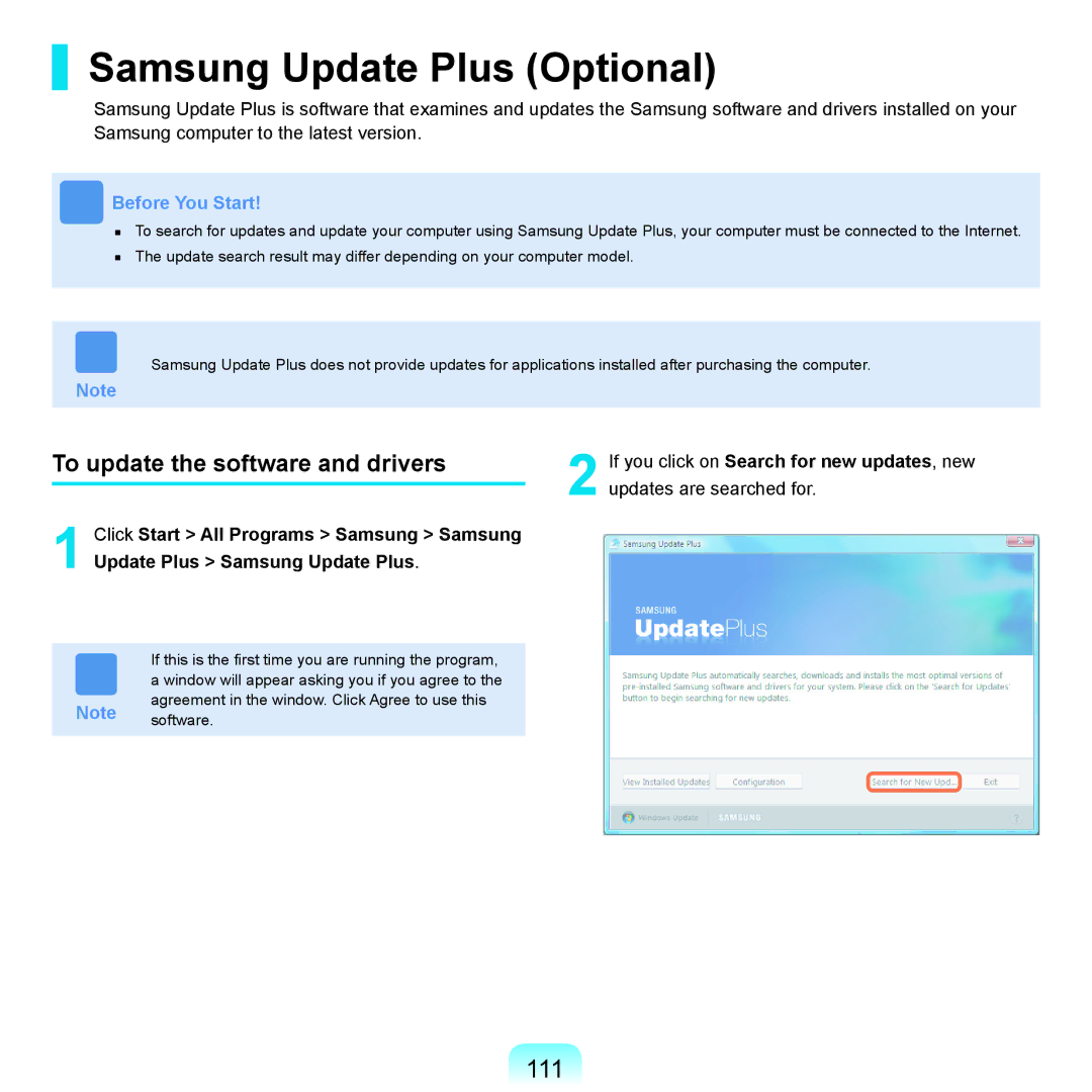 Samsung X65 manual Samsung Update Plus Optional, 111, To update the software and drivers 