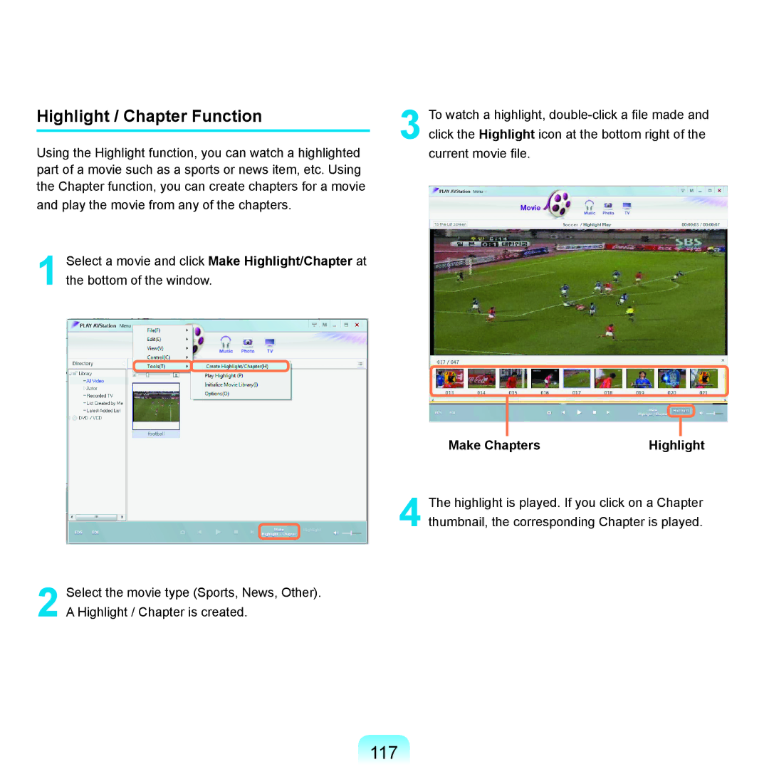 Samsung X65 manual 117, Highlight / Chapter Function, Make Chapters Highlight 