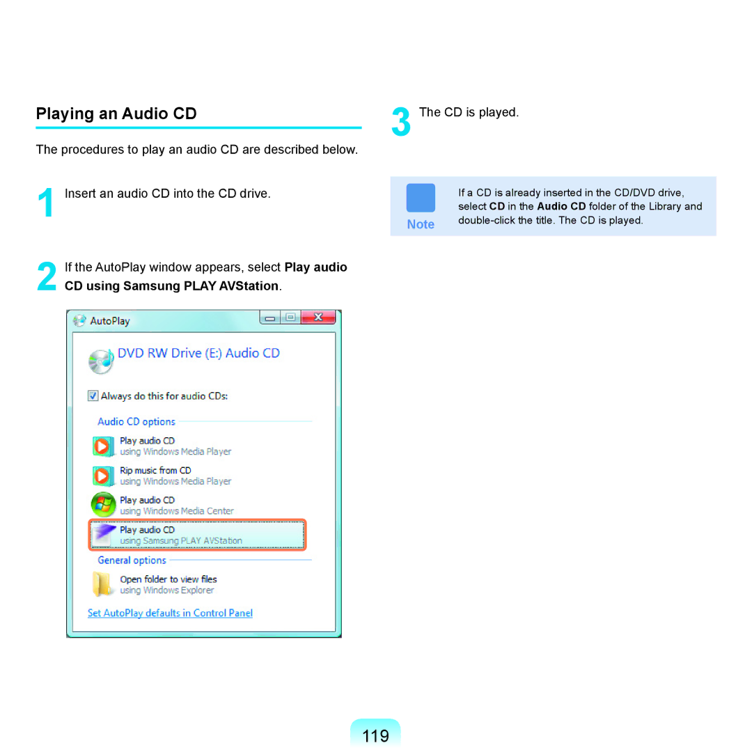 Samsung X65 manual 119, Playing an Audio CD 