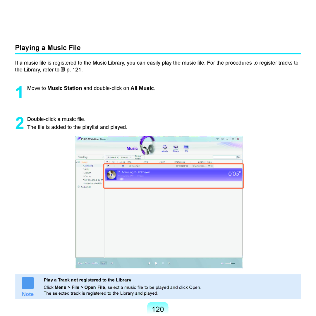 Samsung X65 manual 120, Playing a Music File, Play a Track not registered to the Library 