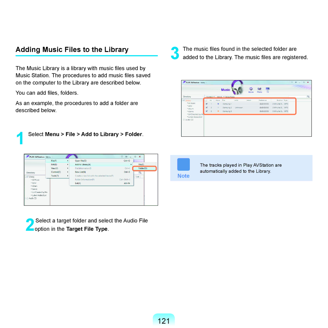 Samsung X65 manual 121, Adding Music Files to the Library 