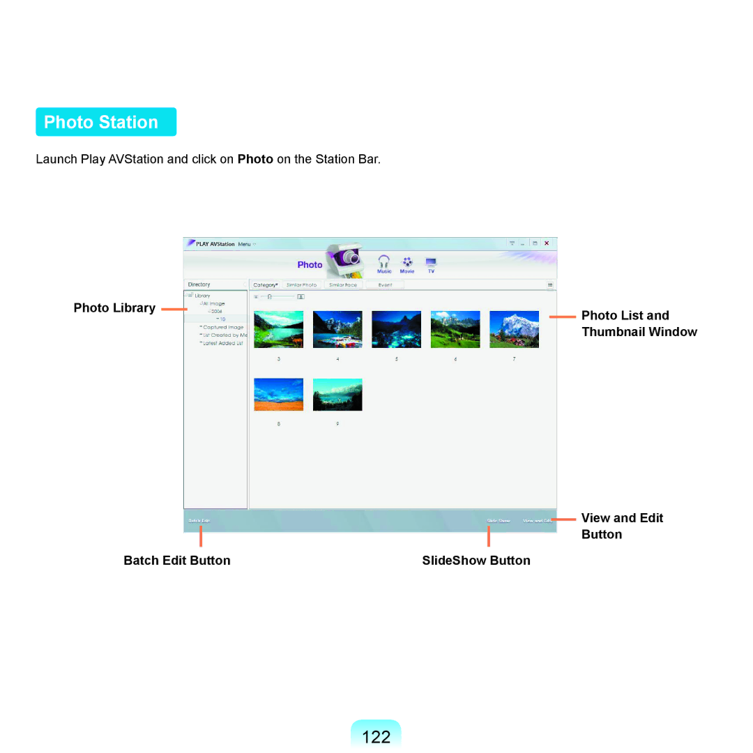 Samsung X65 manual Photo Station, 122, Photo Library Photo List, View and Edit Button Batch Edit Button SlideShow Button 