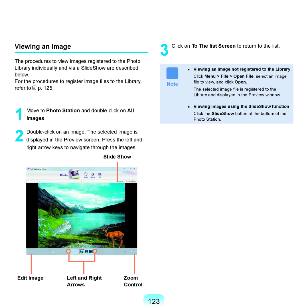 Samsung X65 manual 123, Viewing an Image, Slide Show, Edit Image Left and Right Zoom Arrows Control 