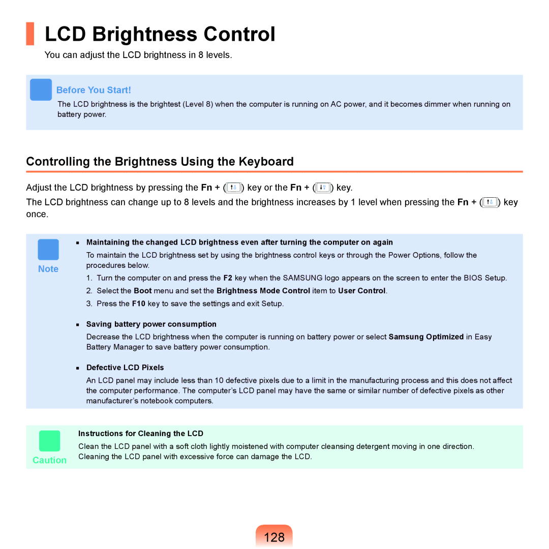 Samsung X65 manual LCD Brightness Control, 128, Controlling the Brightness Using the Keyboard 