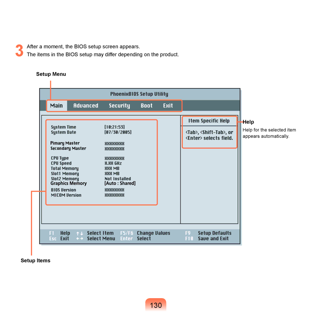 Samsung X65 manual 130, Setup Menu Help, Setup Items 