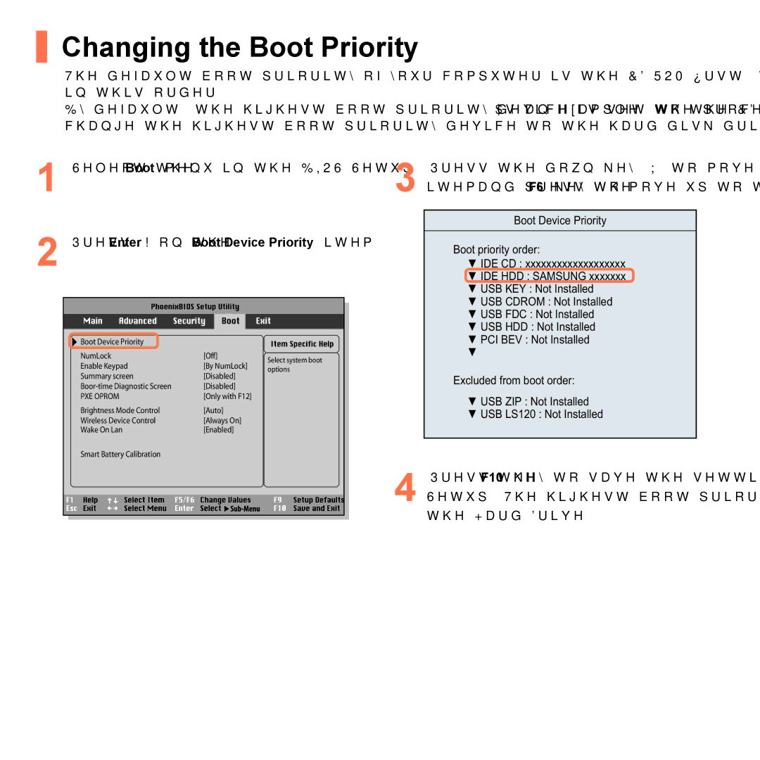 Samsung X65 manual Changing the Boot Priority, 135, Press Enter on the Boot Device Priority item 